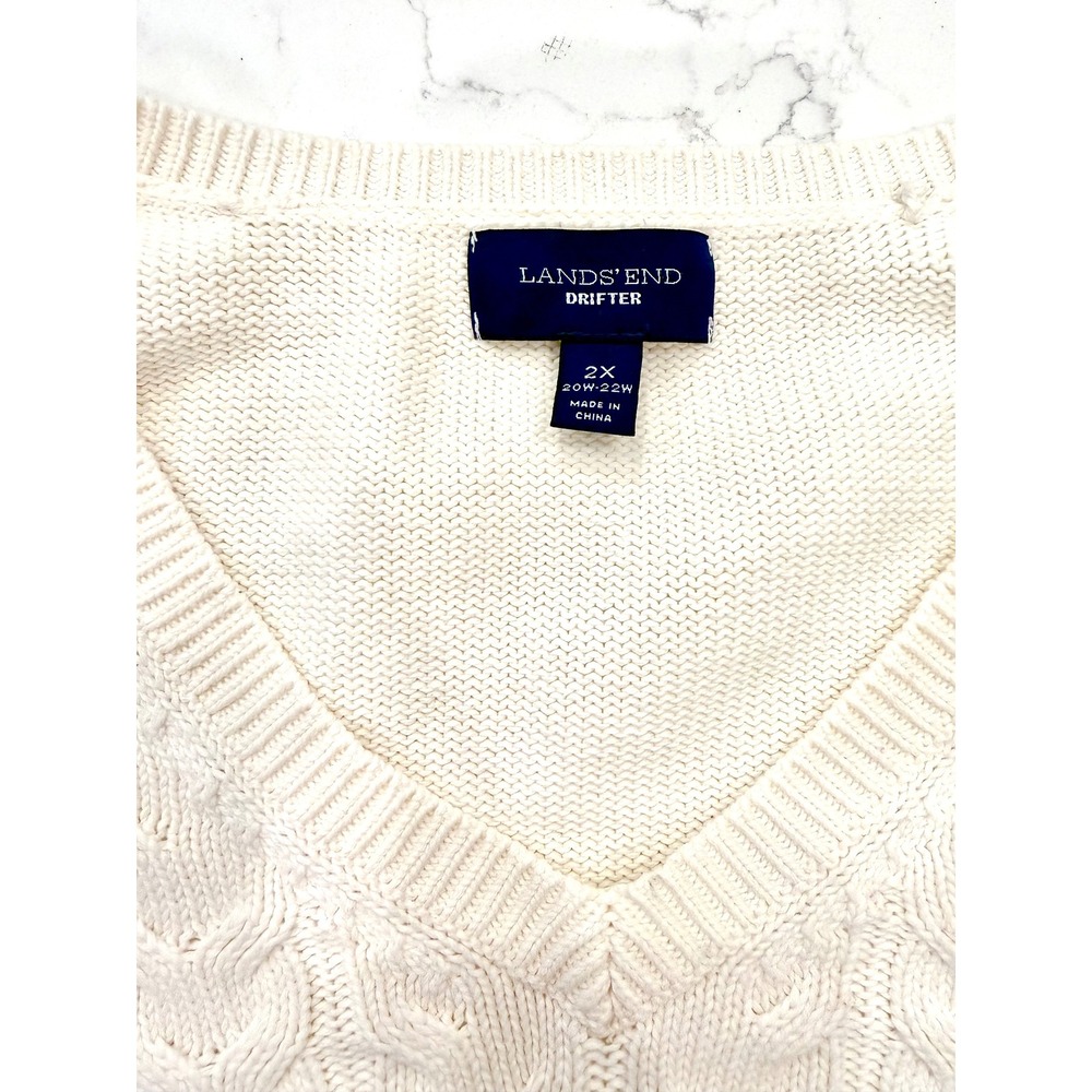 Lands End Drifter Women 2X Cream Cable Knit V-Neck Pullover Sweater Ivory 20W-22 - Picture 2 of 4